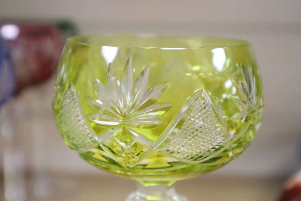 A set of eight hock glasses, with various coloured flash cut bowls